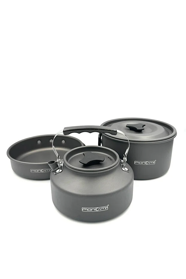 Monicamp Kamp Tencere Tava ve Çaydaklık Seti Kamp Mutfağı 3'lü Set